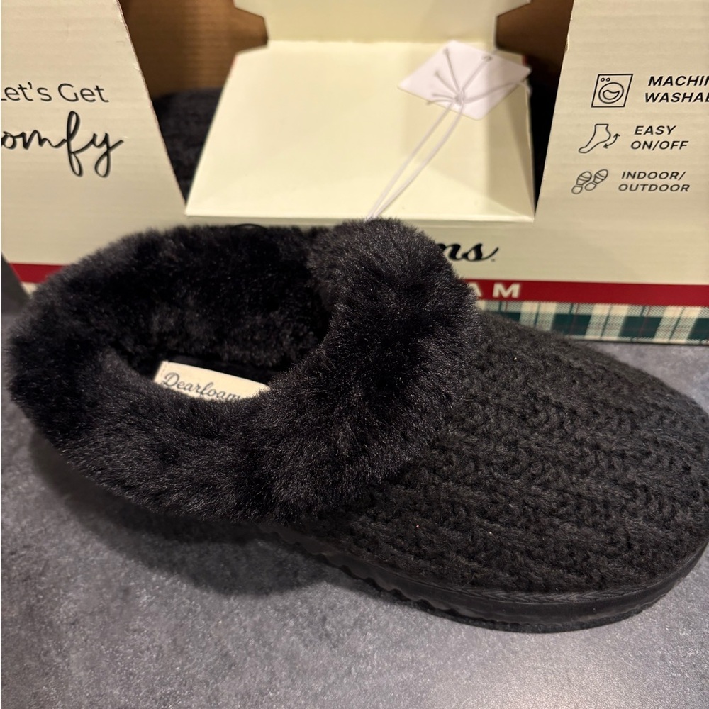 Dearfoams Women's Cozy Black Knit Slippers 5-6 Total Comfort Memory foam